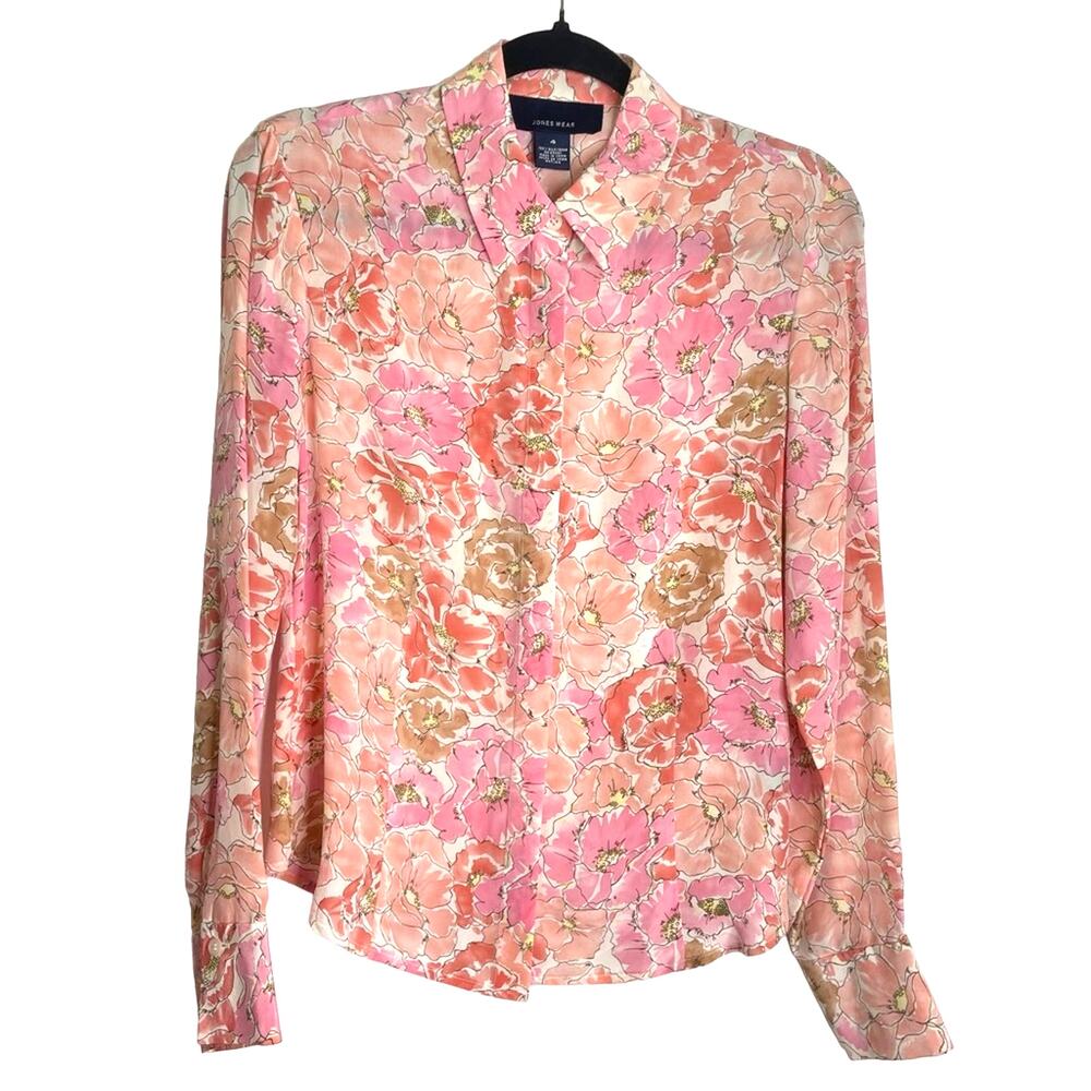 Jones Silk Floral Print Button Down Shirt Poppy Flowers 4